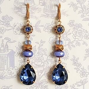 Swarovski Elements Tanzanite Crystal & Flower In Beaded Drop Down Earrings